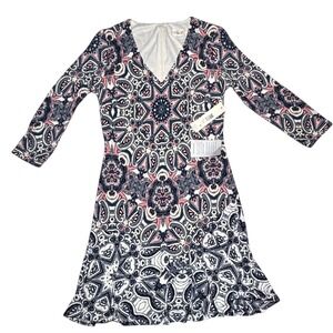 Eliza J Womens Dress Size 2 Fit & Flare Lined‎ Knit Navy Blue Pink Paisley NWT